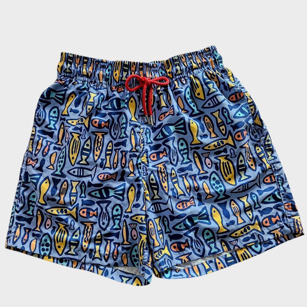 Men's Red Flag Multicolor Fishes Swim Trunks Blue Small